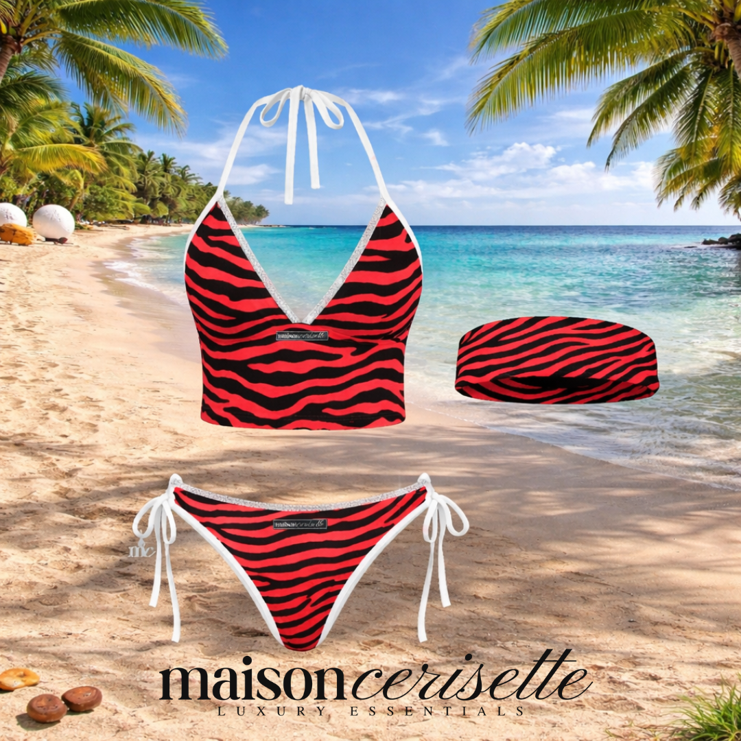 Red Zebra Bikini Set 3 Piece Swimsuit, Strapless & Halter Animal Print Swimwear, Bold Summer Vacation Beach Outfit