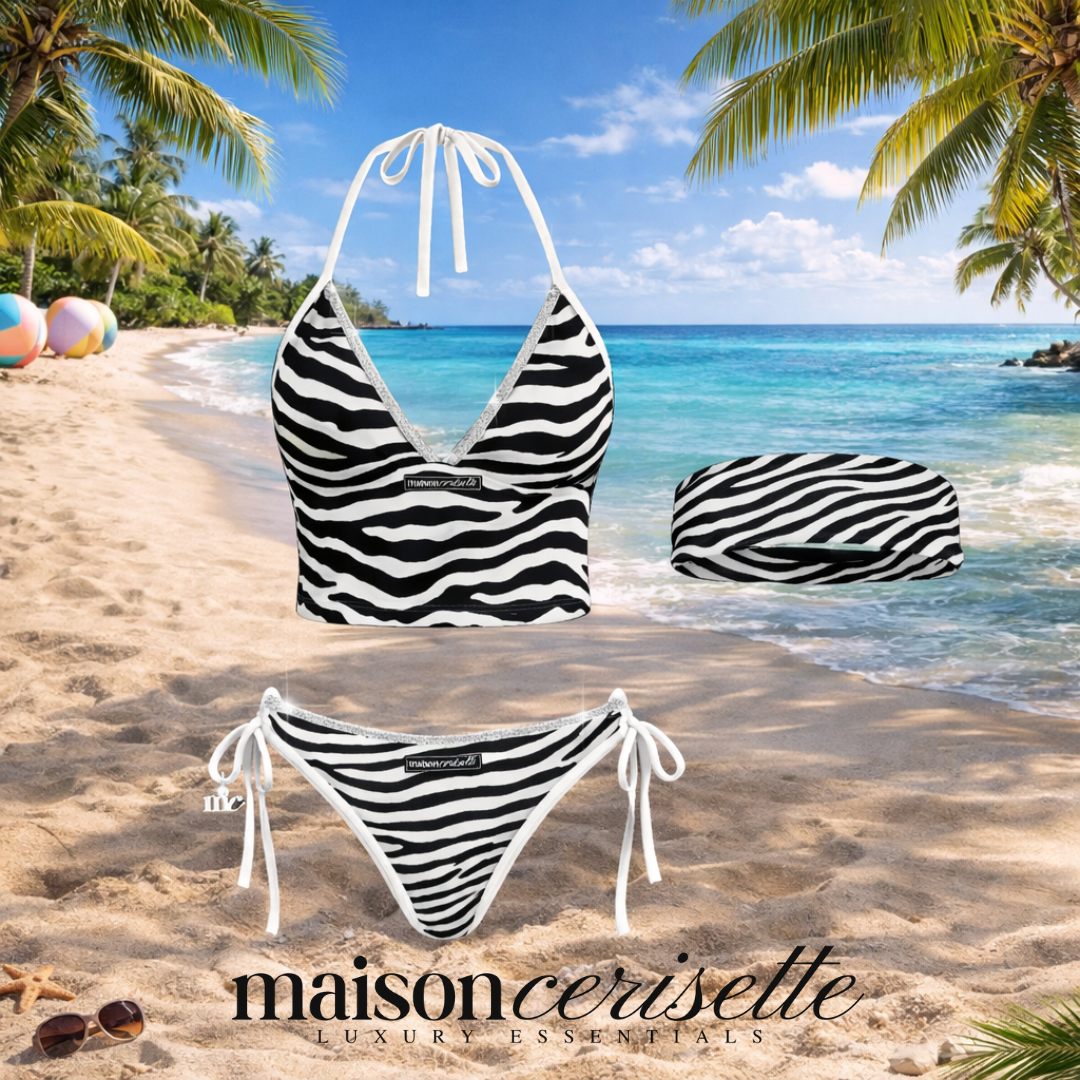Black White Zebra Bikini Set, 3 Piece Swimsuit with Strapless Top, Bold Animal Print Beachwear, Vacation Ready Swim Set
