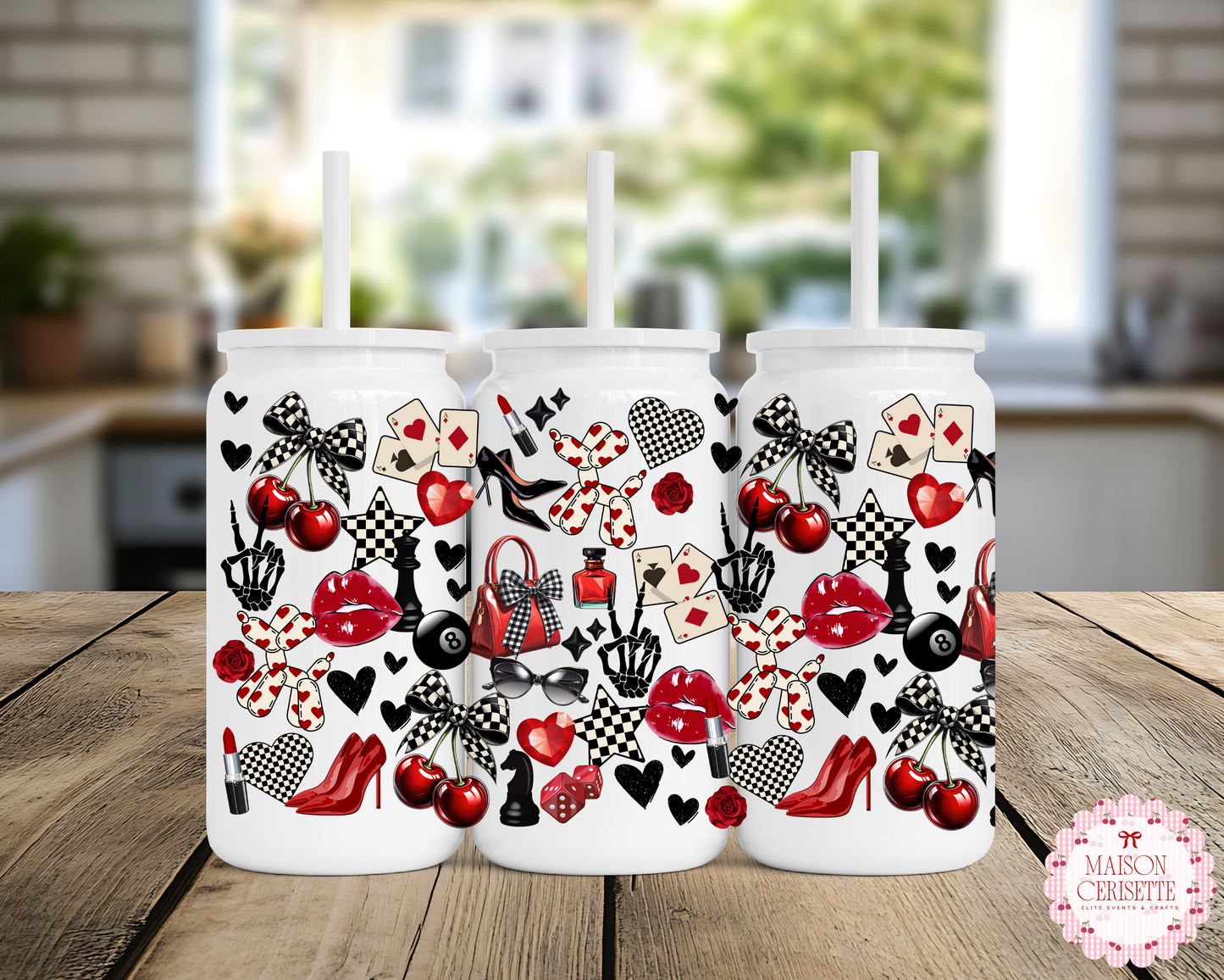 Cherry Coquette 16oz Cup, Frosted or Stainless Steel Can Cup, Girly Glam Tumbler, Red & Black Aesthetic Cup, Cute Gift for Her Drinkware