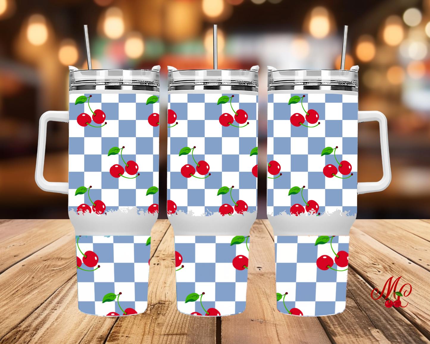 Cherry Check Tumbler with Handle, Blue Gingham Cherry Cup, Insulated Stainless Steel Tumbler, Maison Cerisette Drinkware