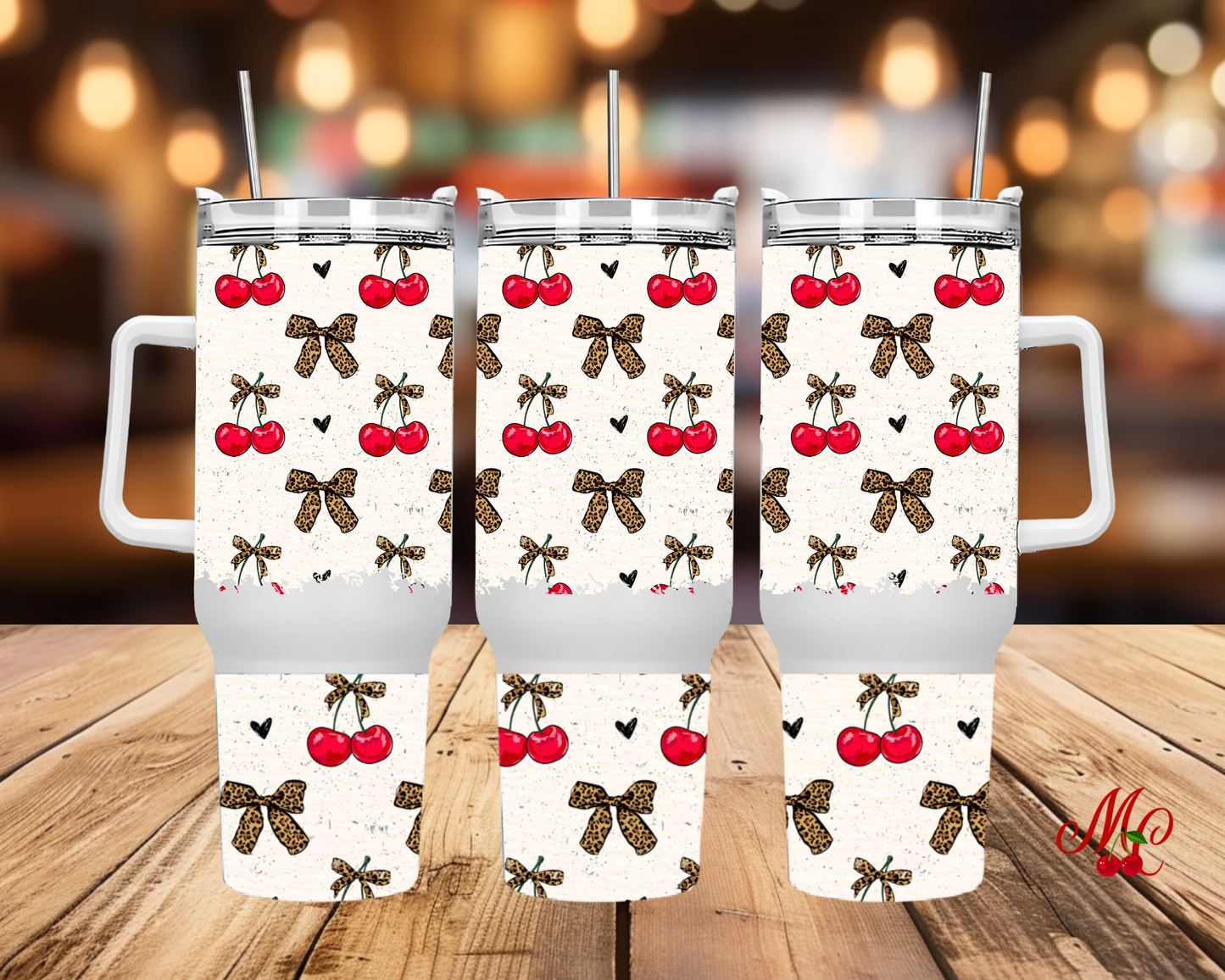 Cherry Leopard Bow Tumbler with Handle, Coquette Cherry Stainless Steel Cup, Insulated Straw Tumbler, Maison Cerisette Drinkware