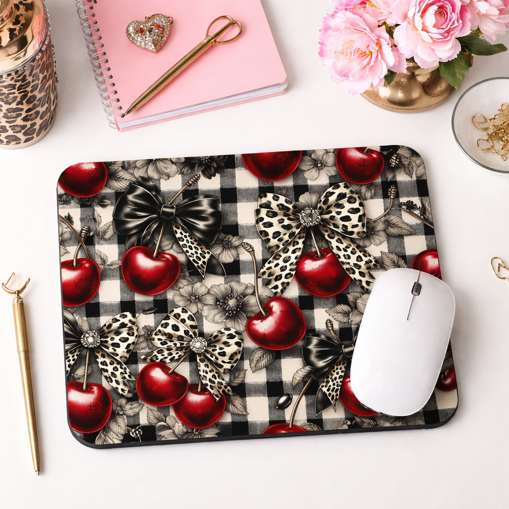 Cherry Bow Mouse Pad, Valentine Desk Mousepad, Leopard Cherry Office Decor, Cute Coquette Desk Accessory