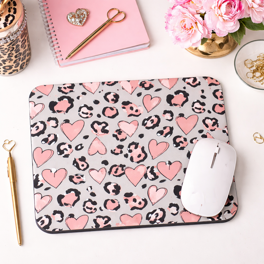 Leopard Heart Mouse Pad, Pink Desk Mousepad, Cute Valentine Office Decor, Coquette Desk Accessory