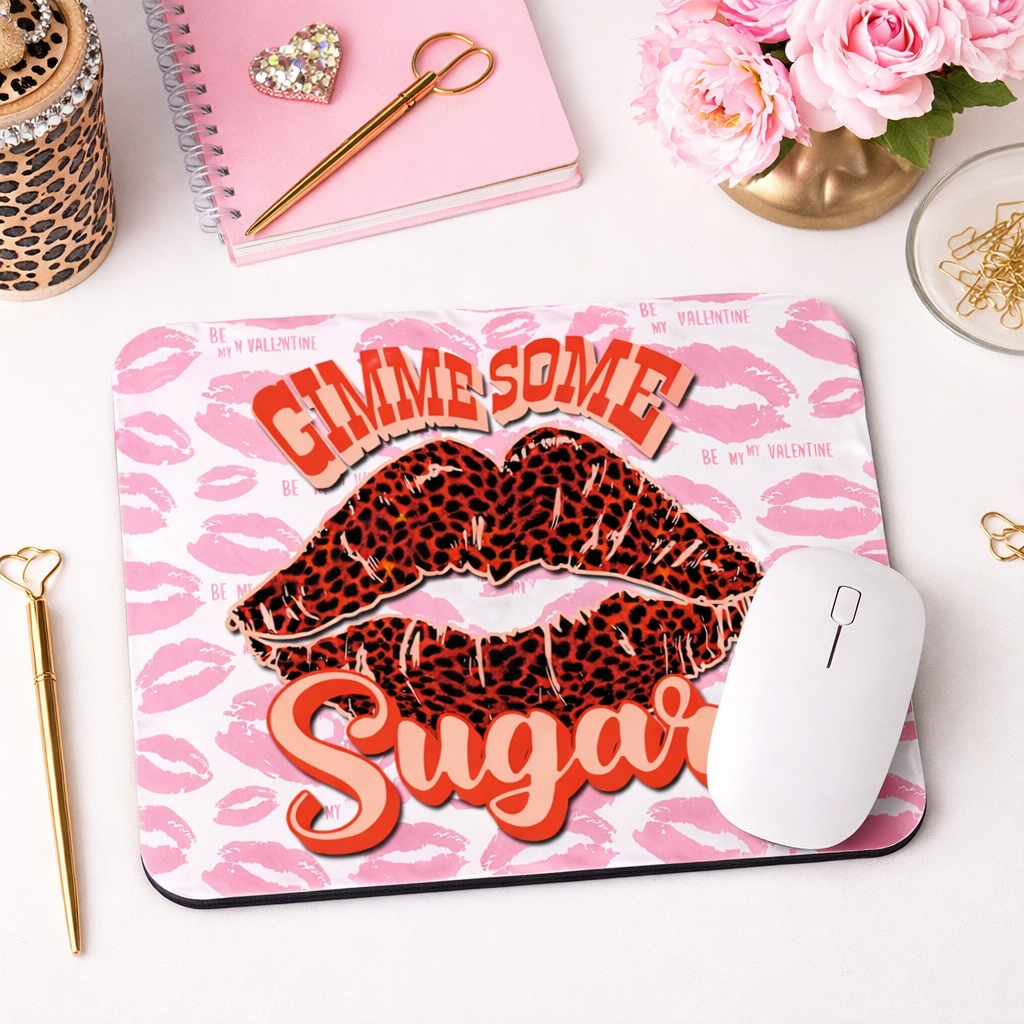 Gimme Some Sugar Mouse Pad, Valentine Desk Mousepad, Leopard Lips Office Decor, Cute Pink Desk Accessory