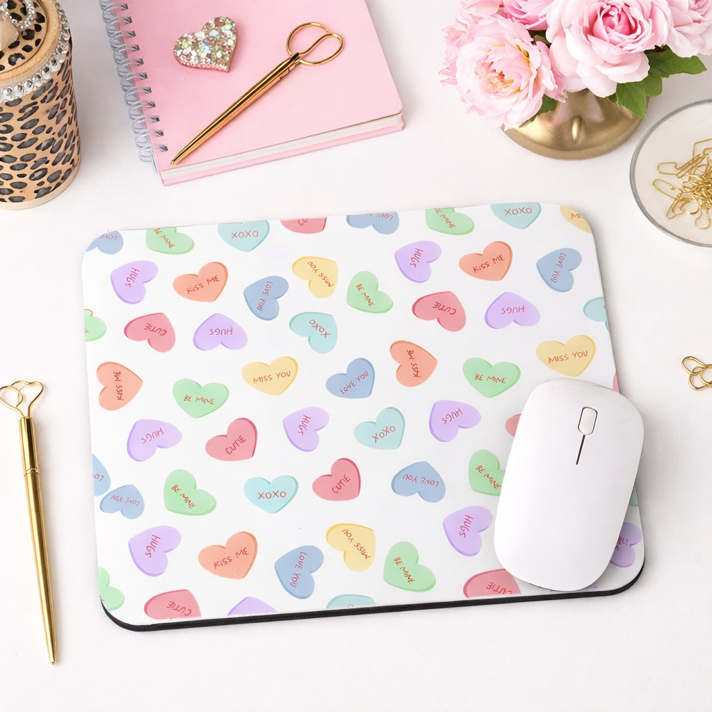 Conversation Hearts Mouse Pad, Valentine Desk Mousepad, Cute Pastel Office Decor, Girly Desk Accessory