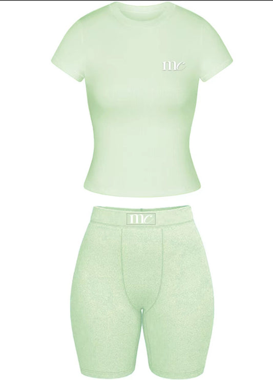 Melon Essential Lounge Set | Ribbed Two-Piece Tee & Biker Short Set