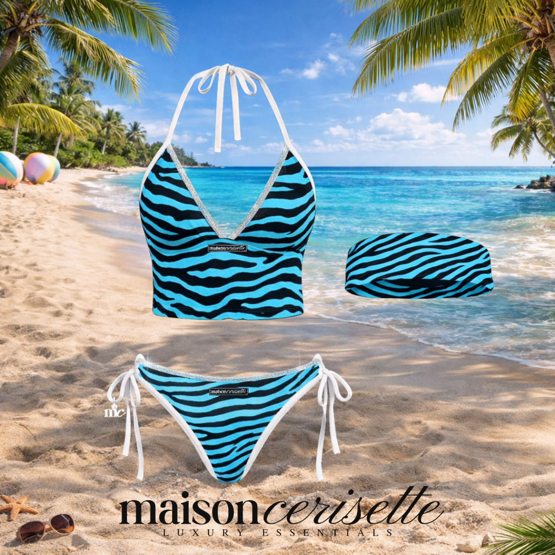 Blue Zebra Bikini Set 3 Piece Swimsuit, Strapless & Halter Animal Print Swimwear, Bold Vacation Beach Outfit for Women