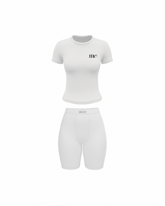 White Lounge Set for Women, Fitted Tee and Biker Shorts Set, Luxury Two Piece Outfit, Minimalist Matching Loungewear Set