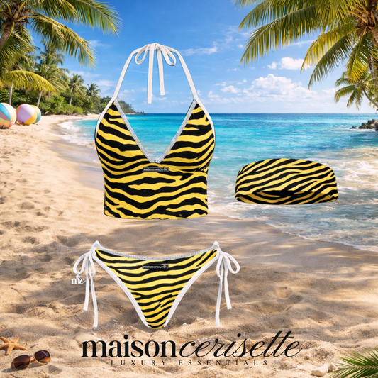 Yellow Zebra Bikini Set 3 Piece Swimsuit, Strapless & Halter Animal Print Swimwear, Bold Summer Vacation Beach Outfit