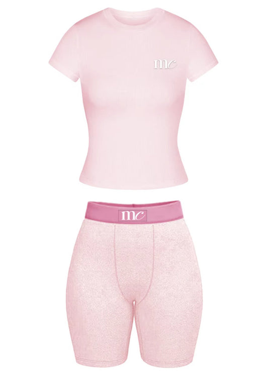 Bubblegum Essential Lounge Set | Ribbed Two-Piece Tee & Biker Short Set