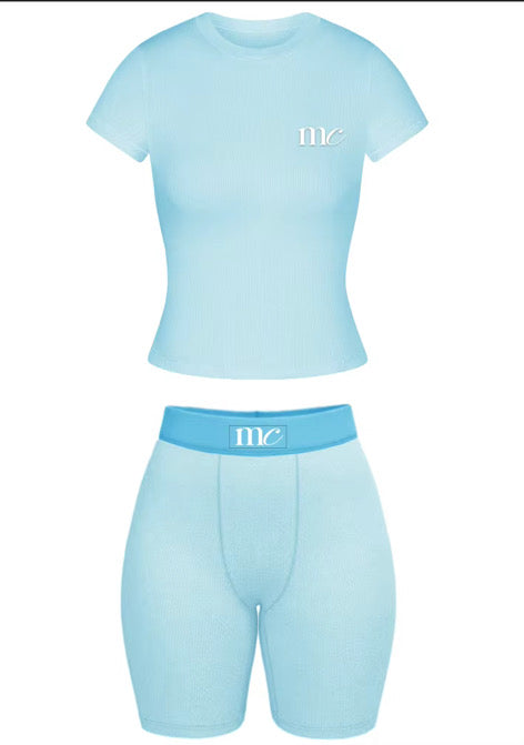 Blue Cream Essential Lounge Set | Ribbed Two-Piece Tee & Biker Short Set