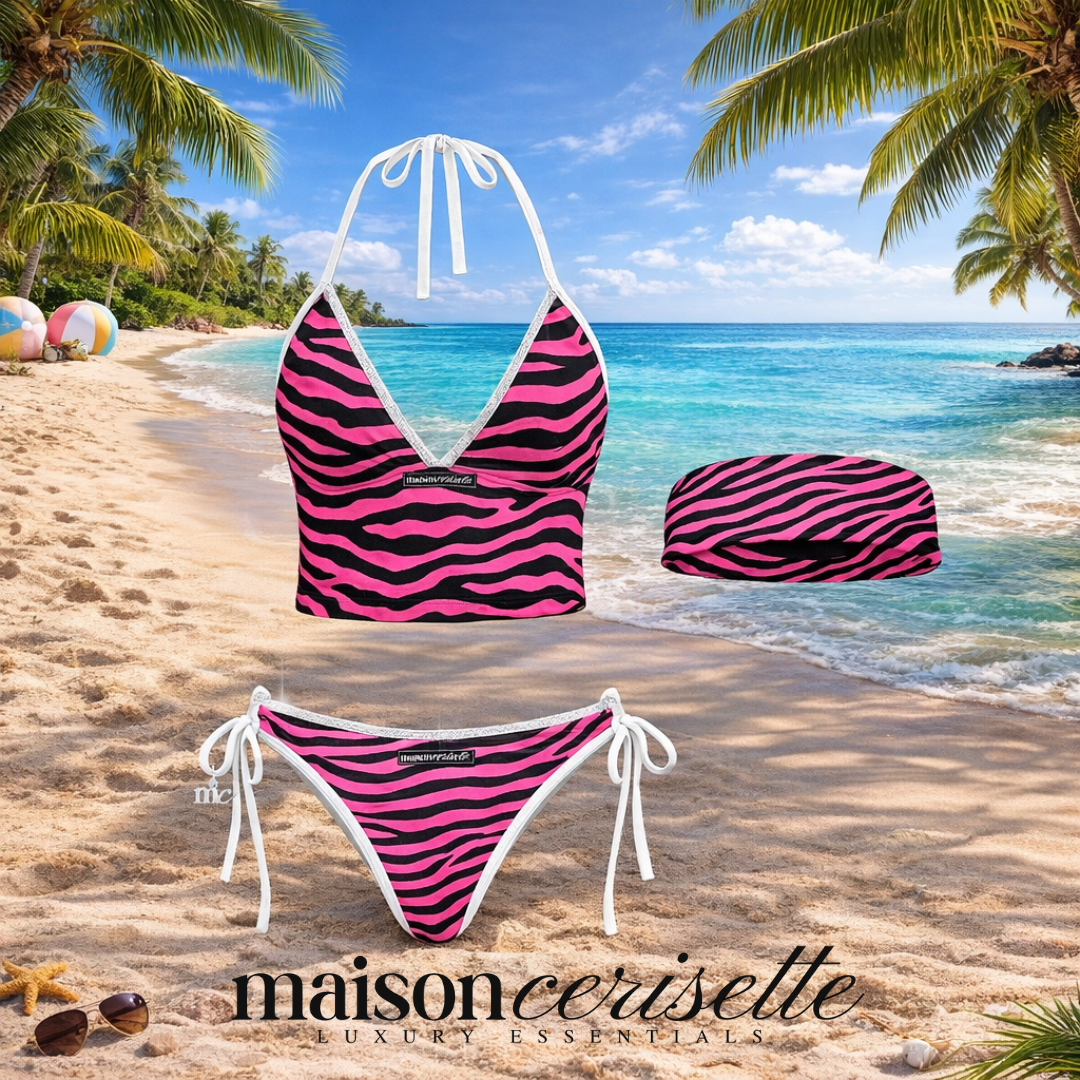Pink Zebra Bikini Set 3 Piece Swimsuit, Strapless & Halter Animal Print Swimwear, Bold Summer Vacation Beach Outfit