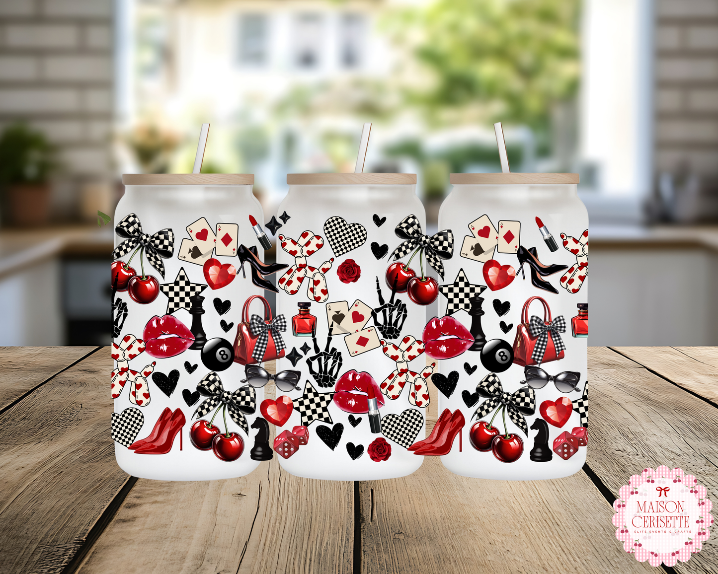 Cherry Coquette 16oz Cup, Frosted or Stainless Steel Can Cup, Girly Glam Tumbler, Red & Black Aesthetic Cup, Cute Gift for Her Drinkware