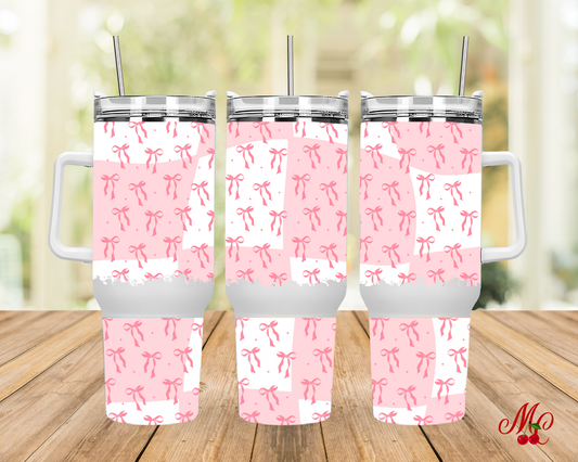 Pink Bow Tumbler with Handle, 40oz Stainless Steel Cup with Straw, Coquette Bow Drinkware, Valentine Aesthetic Tumbler