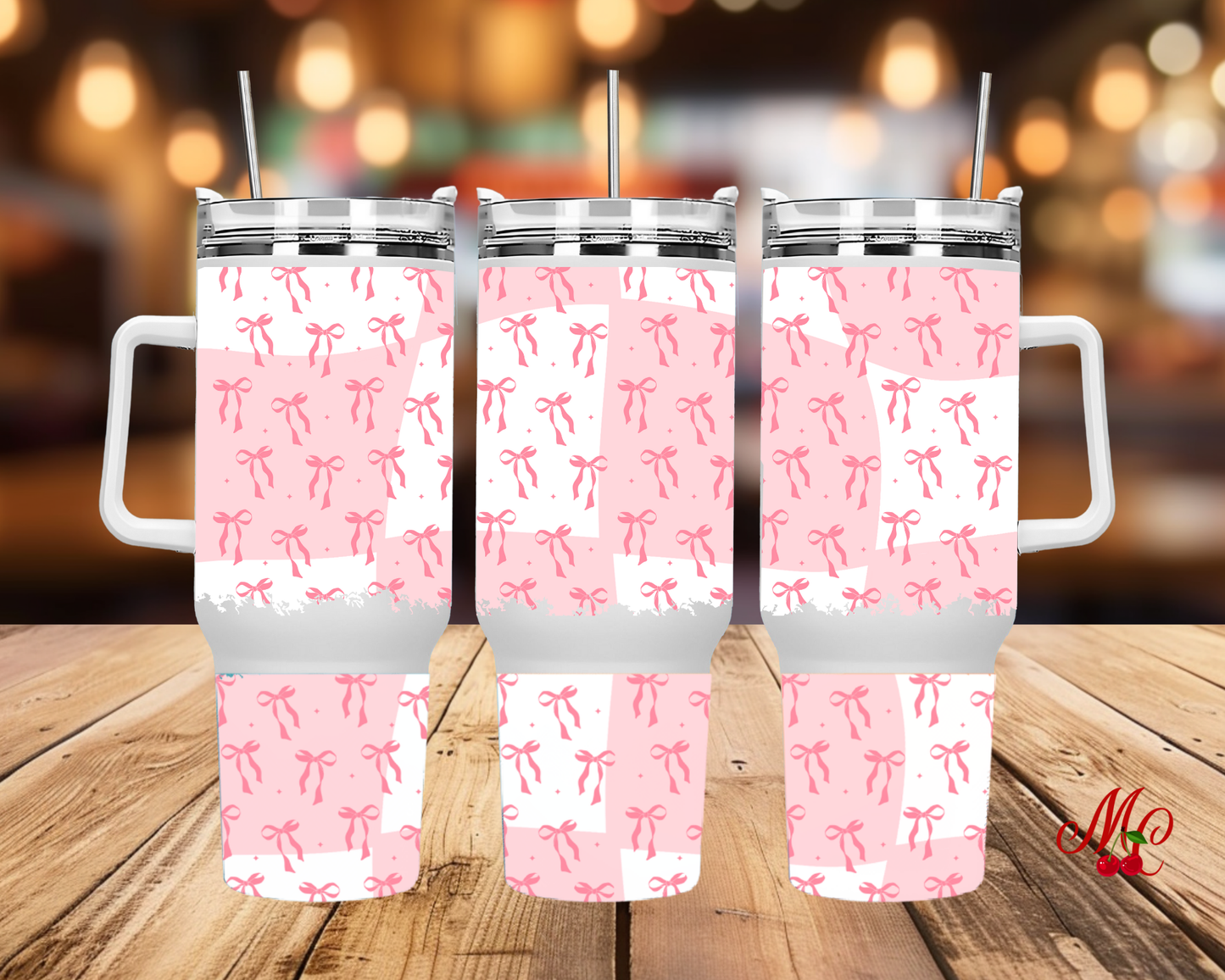 Pink Bow Tumbler with Handle, 40oz Stainless Steel Cup with Straw, Coquette Bow Drinkware, Valentine Aesthetic Tumbler