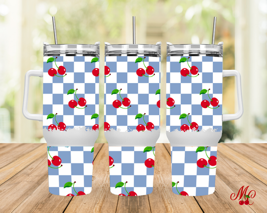 Cherry Check Tumbler with Handle, Blue Gingham Cherry Cup, Insulated Stainless Steel Tumbler, Maison Cerisette Drinkware