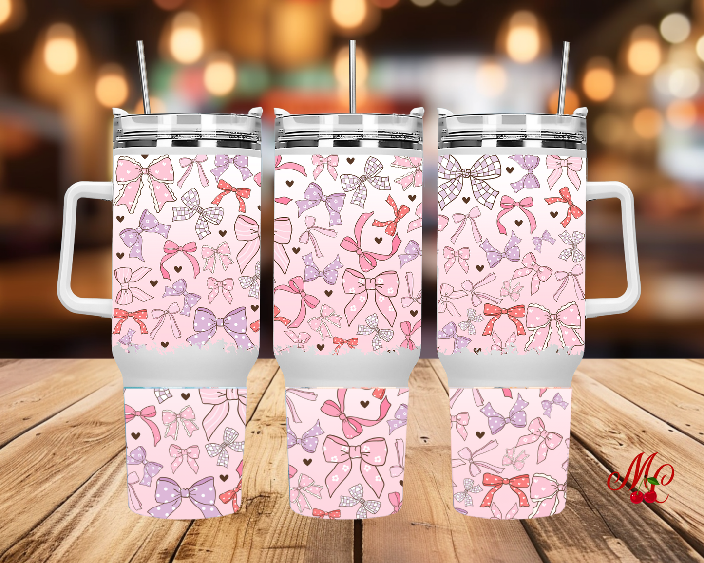 Pink Bow Heart Tumbler with Handle, Coquette Bow Stainless Steel Cup, Insulated Straw Tumbler, Maison Cerisette Drinkware