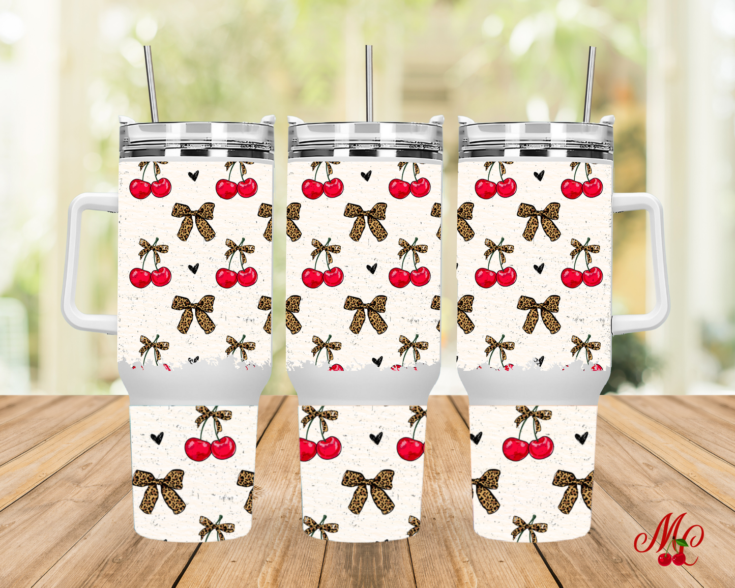 Cherry Leopard Bow Tumbler with Handle, Coquette Cherry Stainless Steel Cup, Insulated Straw Tumbler, Maison Cerisette Drinkware