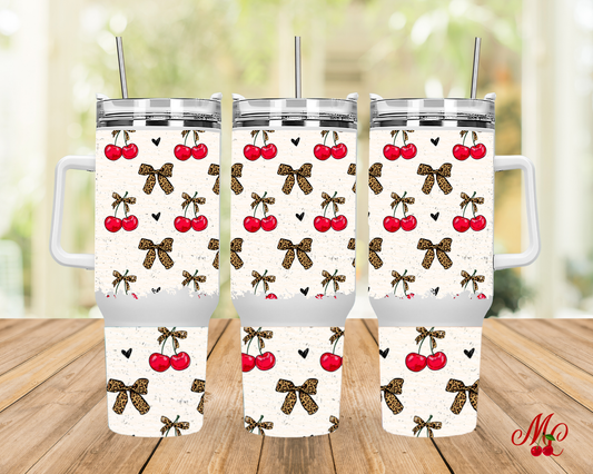 Cherry Leopard Bow Tumbler with Handle, Coquette Cherry Stainless Steel Cup, Insulated Straw Tumbler, Maison Cerisette Drinkware
