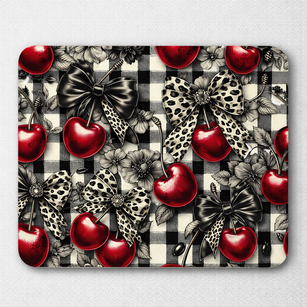 Cherry Bow Mouse Pad, Valentine Desk Mousepad, Leopard Cherry Office Decor, Cute Coquette Desk Accessory