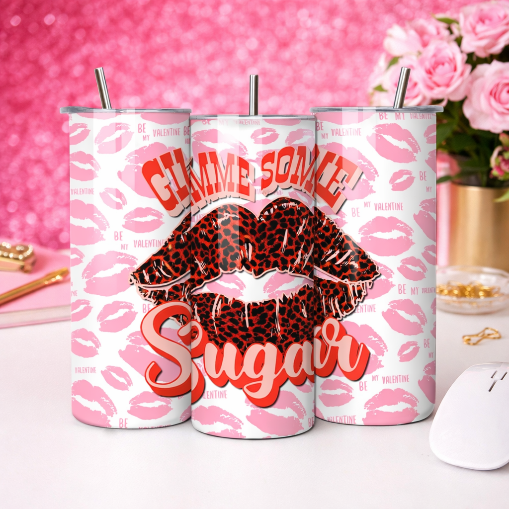 Gimme Some Sugar Tumbler, Valentine Leopard Lips Cup, Pink Valentine Tumbler with Straw, Cute Valentine Drinkware