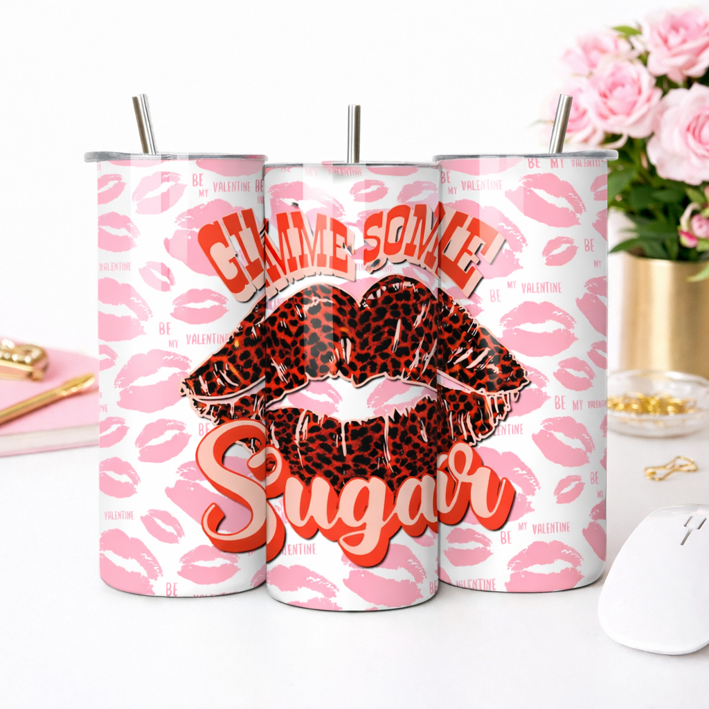 Gimme Some Sugar Tumbler, Valentine Leopard Lips Cup, Pink Valentine Tumbler with Straw, Cute Valentine Drinkware