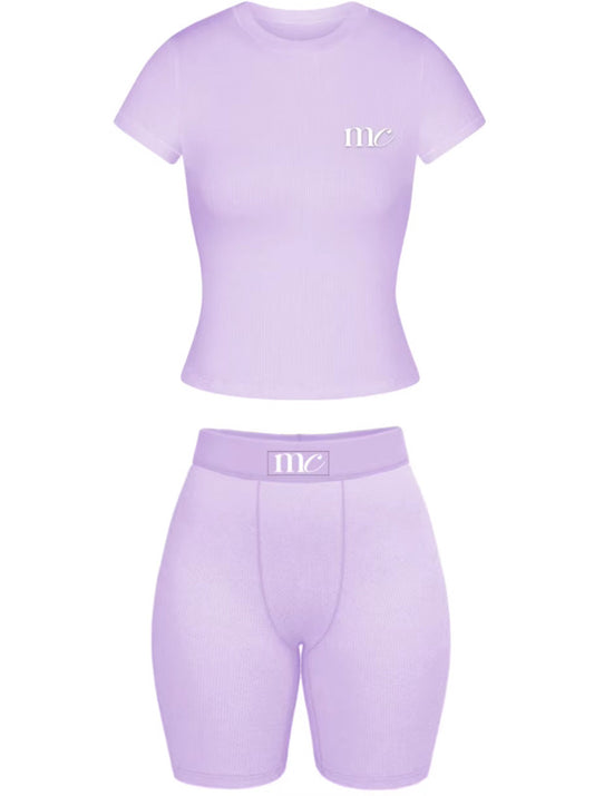 Lavender Essential Lounge Set | Ribbed Two-Piece Tee & Biker Short Set